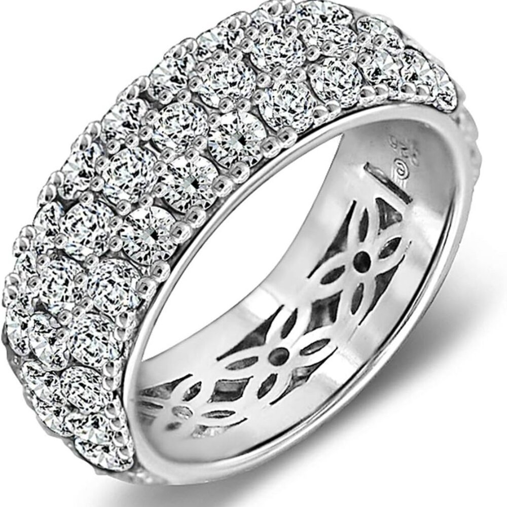 Amazon Essentials Platinum or Gold Plated Sterling Silver 3 Row Pave Ring